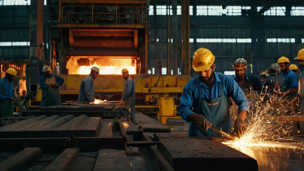 Steel workers inside the Umbrella Steels mill
